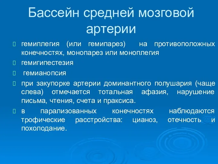 Бассейн средней мозговой артерии гемиплегия (или гемипарез) на противоположных конечностях, монопарез