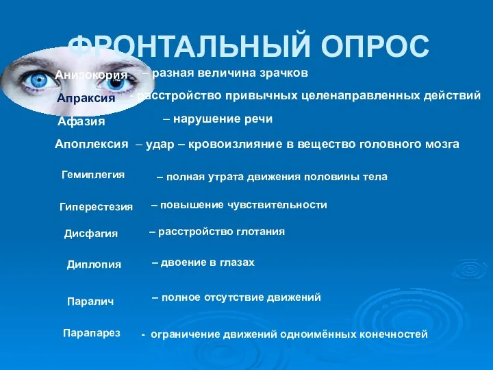 ФРОНТАЛЬНЫЙ ОПРОС Анизокория – разная величина зрачков Апраксия - расстройство привычных