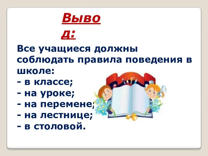 Вывод: Все учащиеся должны соблюдать правила поведения в школе: - в