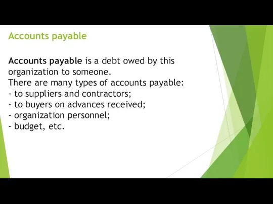 Accounts payable Accounts payable is a debt owed by this organization