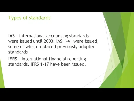 Types of standards IAS - International accounting standards - were issued