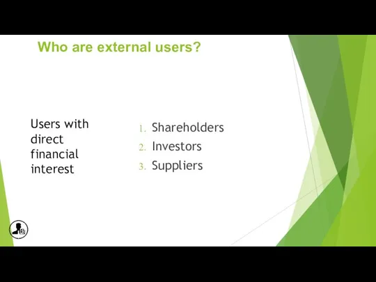 Who are external users? Shareholders Investors Suppliers Users with direct financial interest