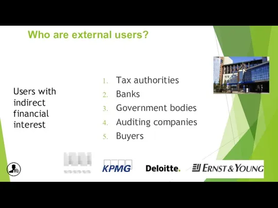 Who are external users? Tax authorities Banks Government bodies Auditing companies