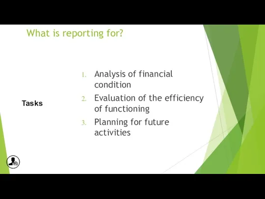 What is reporting for? Analysis of financial condition Evaluation of the