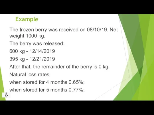 Example The frozen berry was received on 08/10/19. Net weight 1000