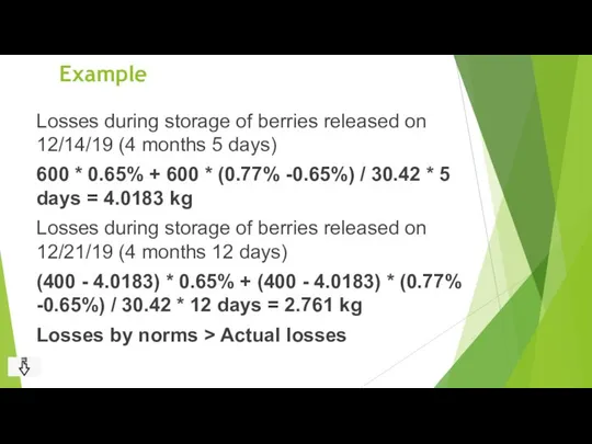 Example Losses during storage of berries released on 12/14/19 (4 months