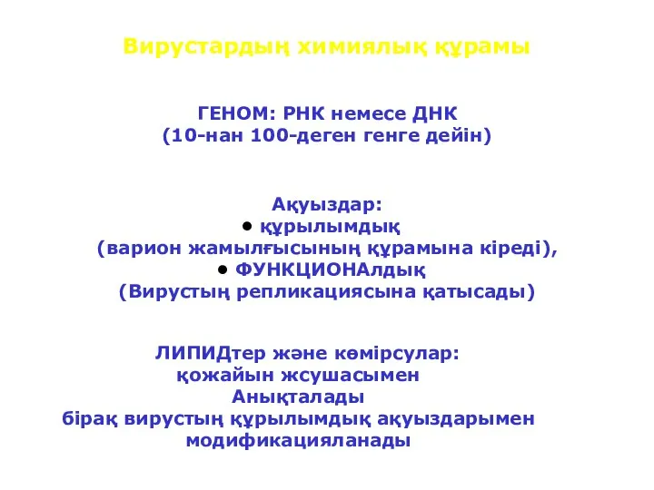 Вирустардың химиялық құрамы ГЕНОМ: РНК немесе ДНК (10-нан 100-деген генге дейін)