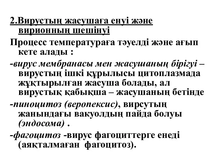 2.Вирустың жасушаға енуі және вирионның шешінуі Процесс температураға тәуелді және ағып