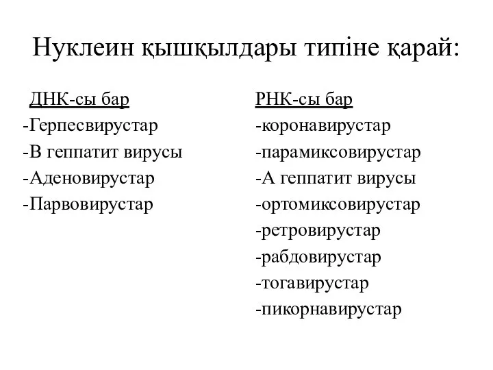 Нуклеин қышқылдары типіне қарай: ДНК-сы бар Герпесвирустар В геппатит вирусы Аденовирустар