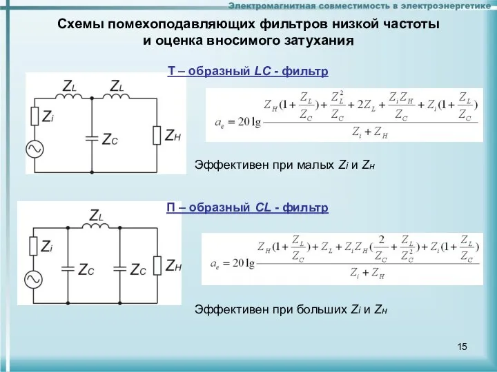 Схемы помехоподавляющих фильтров низкой частоты и оценка вносимого затухания Т –