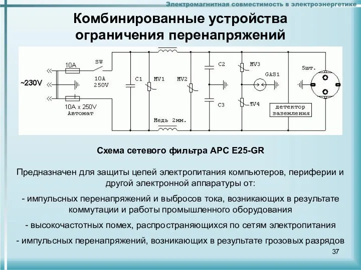 Комбинированные устройства ограничения перенапряжений Схема сетевого фильтра APC E25-GR Предназначен для