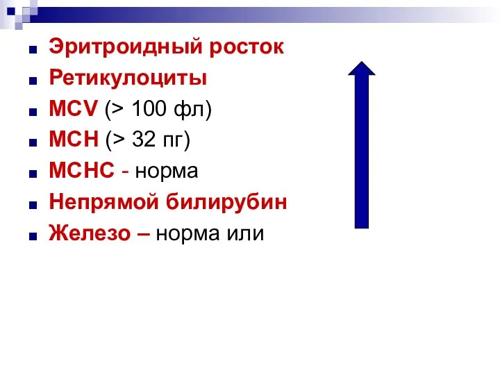 Эритроидный росток Ретикулоциты MCV (> 100 фл) МСН (> 32 пг)