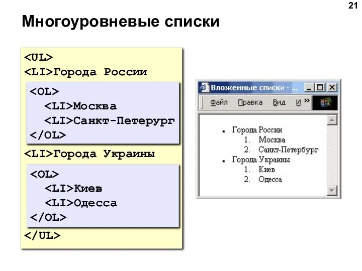 Многоуровневые списки Города России Города Украины Москва Санкт-Петерург Киев Одесса