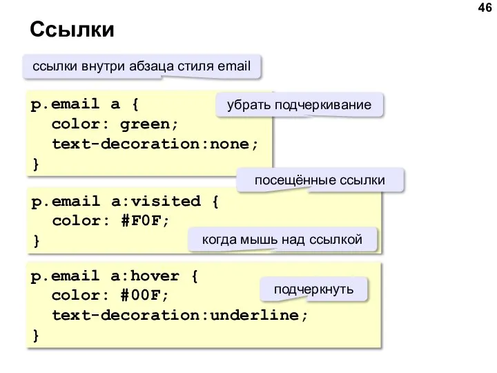 Ссылки p.email a { color: green; text-decoration:none; } p.email a:hover {