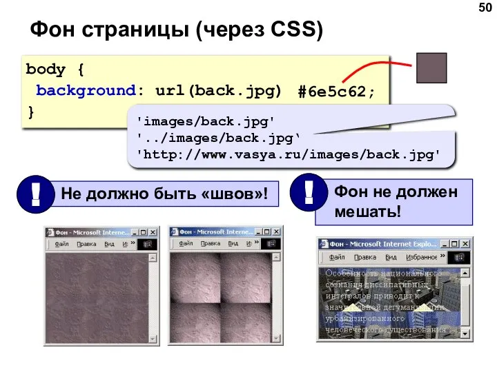 Фон страницы (через CSS) body { background: url(back.jpg); } 'images/back.jpg' '../images/back.jpg‘ 'http://www.vasya.ru/images/back.jpg' #6e5c62;