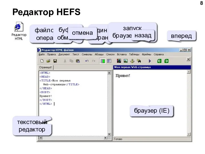 Редактор HEFS файловые операции буфер обмена один экран запуск браузера (F9)