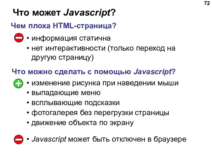 Что может Javascript? информация статична нет интерактивности (только переход на другую