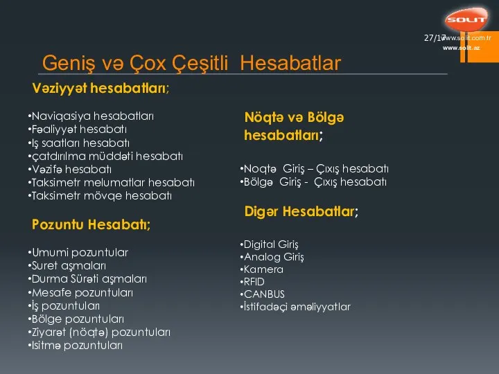 Geniş və Çox Çeşitli Hesabatlar /17 Vəziyyət hesabatları; Naviqasiya hesabatları Fəaliyyət