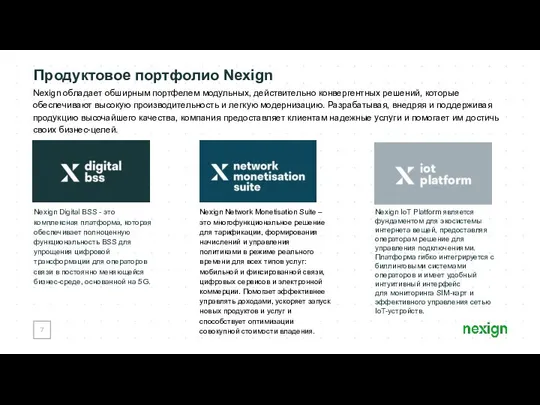 Продуктовое портфолио Nexign Nexign обладает обширным портфелем модульных, действительно конвергентных решений,