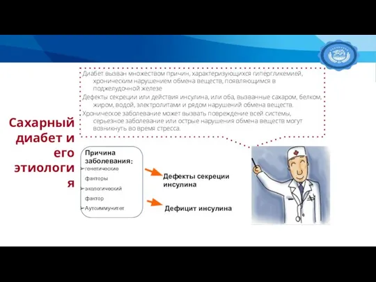 Сахарный диабет и его этиология Диабет вызван множеством причин, характеризующихся гипергликемией,