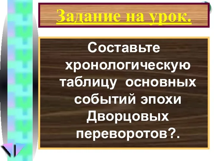 Задание на урок. Составьте хронологическую таблицу основных событий эпохи Дворцовых переворотов?.