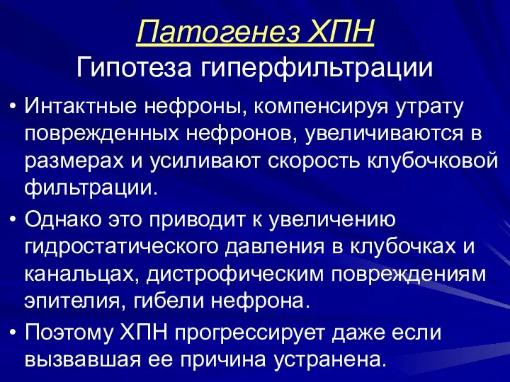 Патогенез ХПН Гипотеза гиперфильтрации Интактные нефроны, компенсируя утрату поврежденных нефронов, увеличиваются