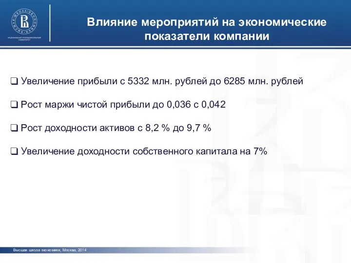 Влияние мероприятий на экономические показатели компании Высшая школа экономики, Москва, 2014