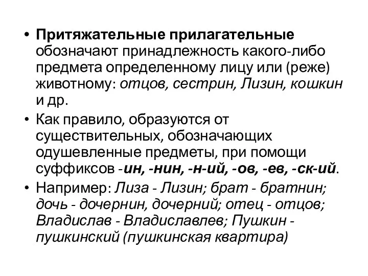 Притяжательные прилагательные обозначают принадлежность какого-либо предмета определенному лицу или (реже) животному: