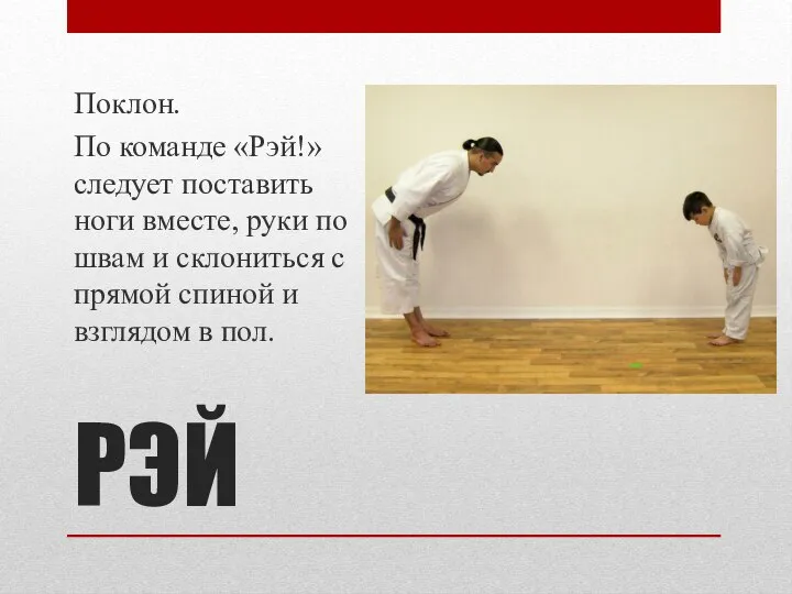 РЭЙ Поклон. По команде «Рэй!» следует поставить ноги вместе, руки по