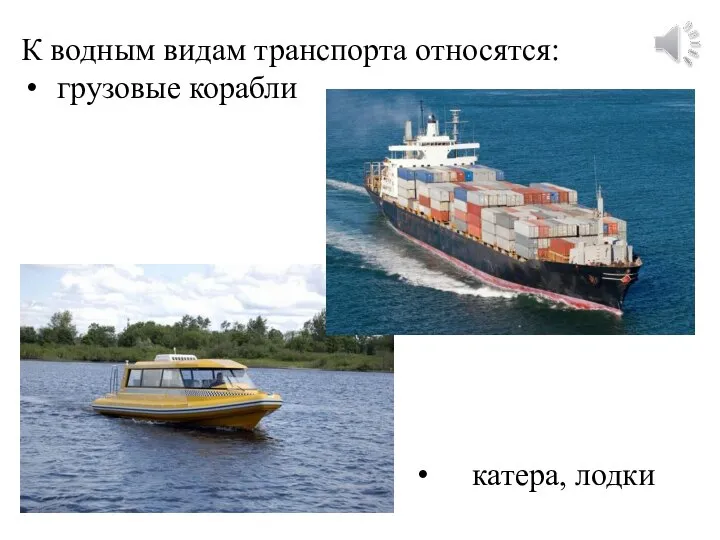 К водным видам транспорта относятся: грузовые корабли катера, лодки