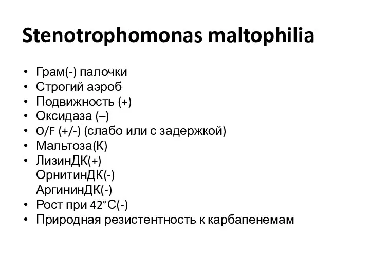 Stenotrophomonas maltophilia Грам(-) палочки Строгий аэроб Подвижность (+) Оксидаза (–) O/F