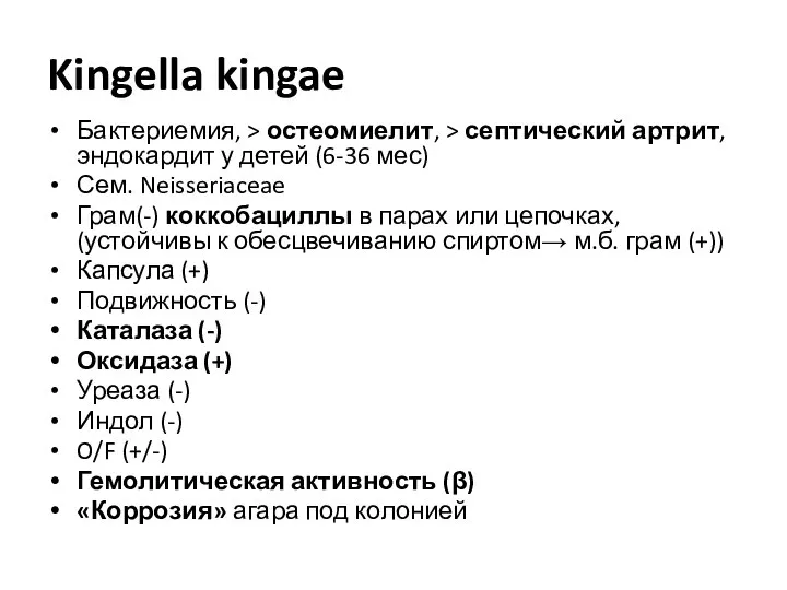 Kingella kingae Бактериемия, > остеомиелит, > септический артрит, эндокардит у детей