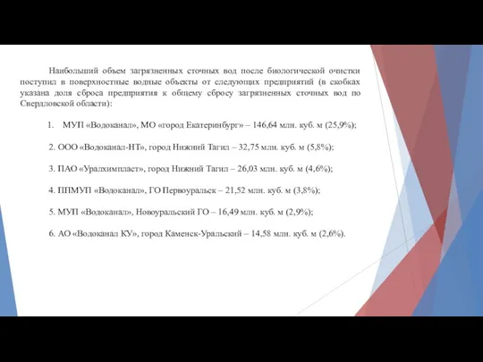 Наибольший объем загрязненных сточных вод после биологической очистки поступил в поверхностные