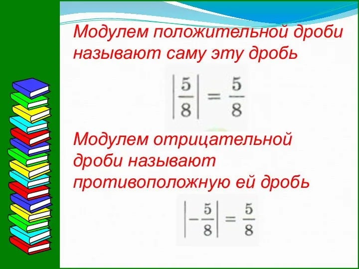 Модулем положительной дроби называют саму эту дробь Модулем отрицательной дроби называют противоположную ей дробь