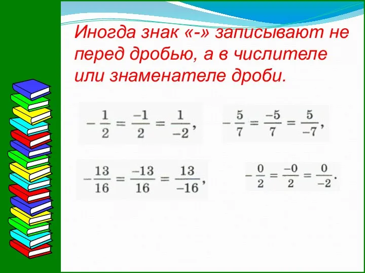 Иногда знак «-» записывают не перед дробью, а в числителе или знаменателе дроби.