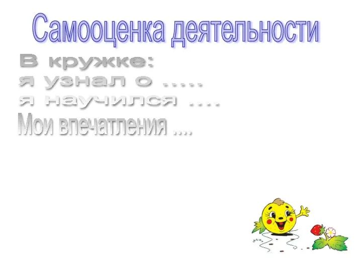 Самооценка деятельности В кружке: я узнал о ..... я научился .... Мои впечатления ....