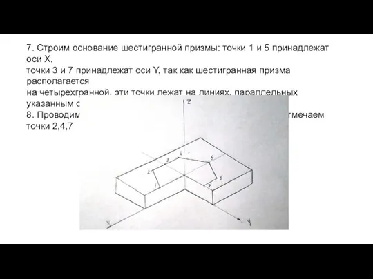 7. Строим основание шестигранной призмы: точки 1 и 5 принадлежат оси