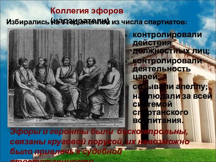 Коллегия эфоров (надзиратели) контролировали действия должностных лиц; контролировали деятельность царей; созывали