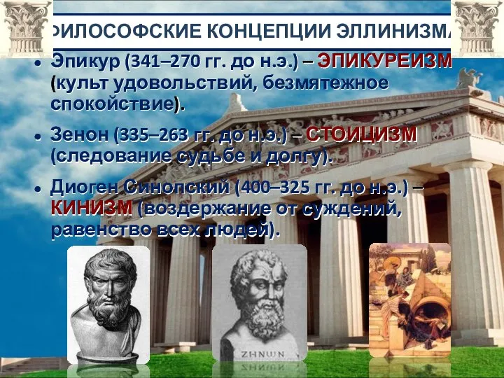 ФИЛОСОФСКИЕ КОНЦЕПЦИИ ЭЛЛИНИЗМА Эпикур (341–270 гг. до н.э.) – ЭПИКУРЕИЗМ (культ