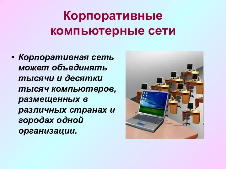 Корпоративные компьютерные сети Корпоративная сеть может объединять тысячи и десятки тысяч