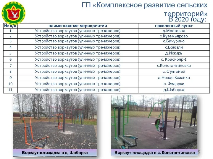 ГП «Комплексное развитие сельских территорий» В 2020 году: Воркаут-площадка в д. Шабарка Воркаут-площадка в с. Константиновка