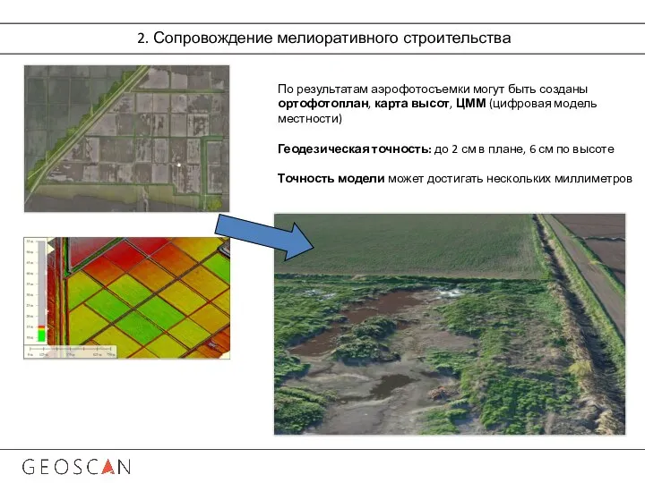 2. Сопровождение мелиоративного строительства По результатам аэрофотосъемки могут быть созданы ортофотоплан,