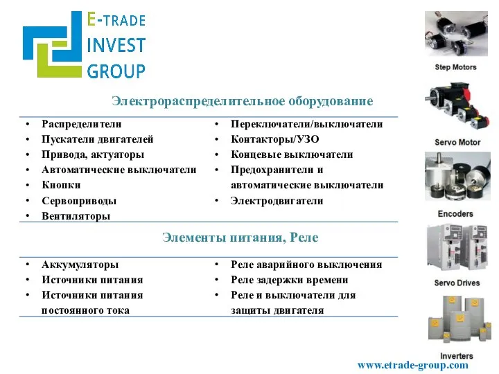 www.etrade-group.com Электрораспределительное оборудование Элементы питания, Реле