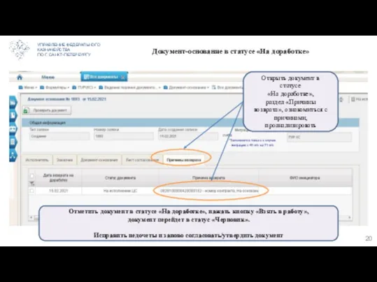 УПРАВЛЕНИЕ ФЕДЕРАЛЬНОГО КАЗНАЧЕЙСТВА ПО Г. САНКТ-ПЕТЕРБУРГУ Документ-основание в статусе «На доработке»