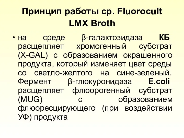 Принцип работы ср. Fluorocult LMX Broth на среде β-галактозидаза КБ расщепляет