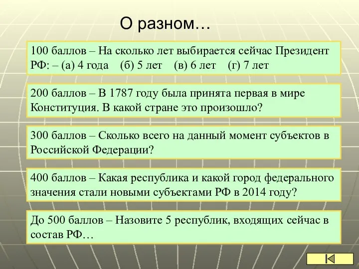 О разном… 200 баллов – В 1787 году была принята первая