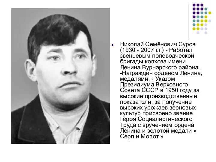 Николай Семёнович Суров (1930 - 2007 г.г.) - Работал звеньевым полеводческой