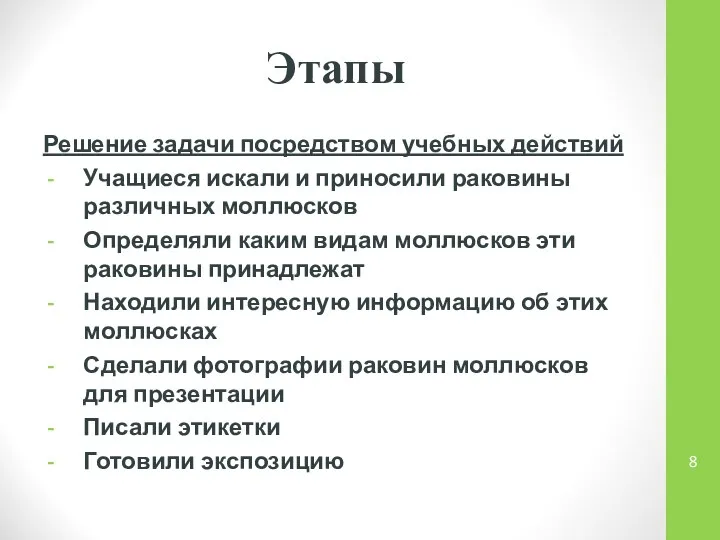 Этапы Решение задачи посредством учебных действий Учащиеся искали и приносили раковины