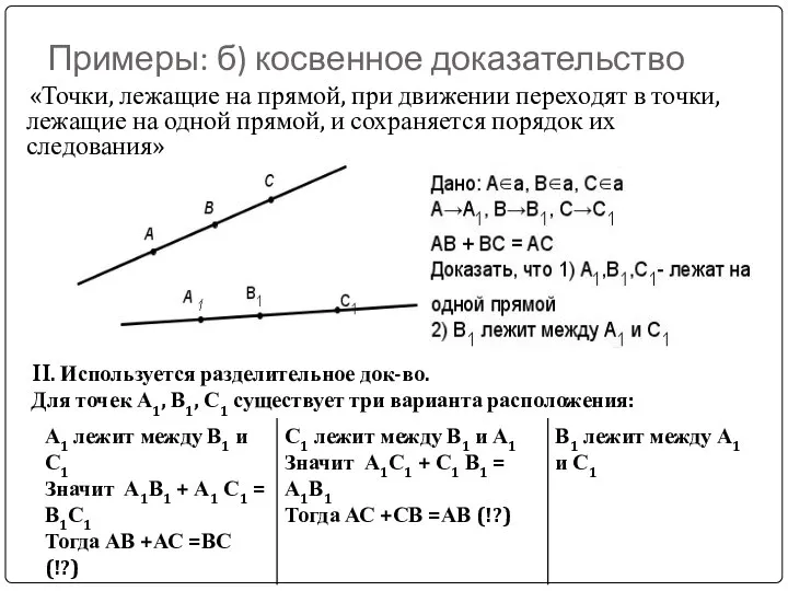 Примеры: б) косвенное доказательство «Точки, лежащие на прямой, при движении переходят