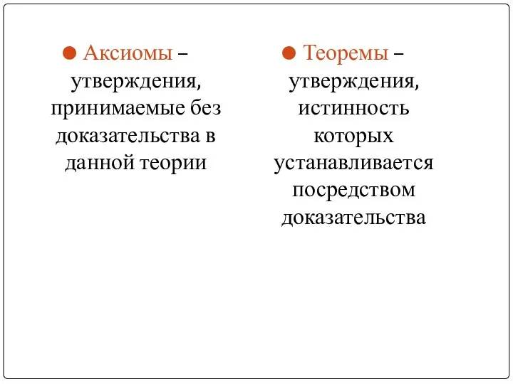 Аксиомы – утверждения, принимаемые без доказательства в данной теории Теоремы –